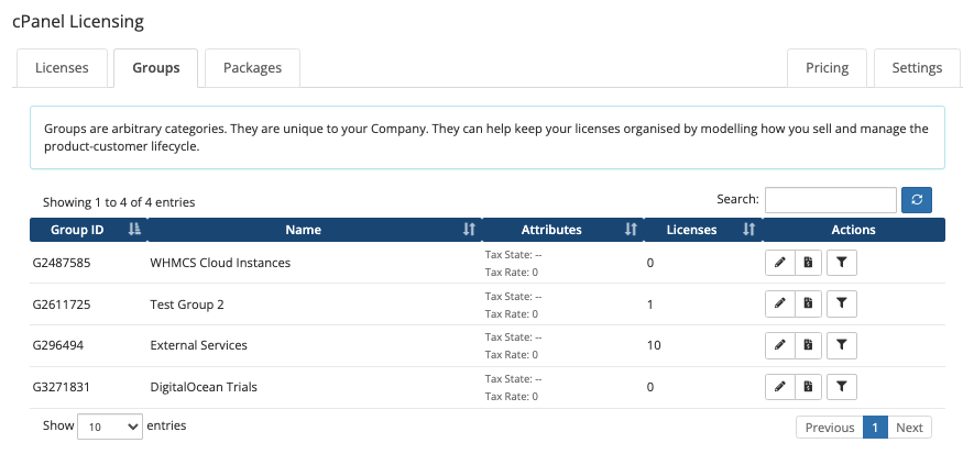 The cPanel Licensing addon's Groups tab