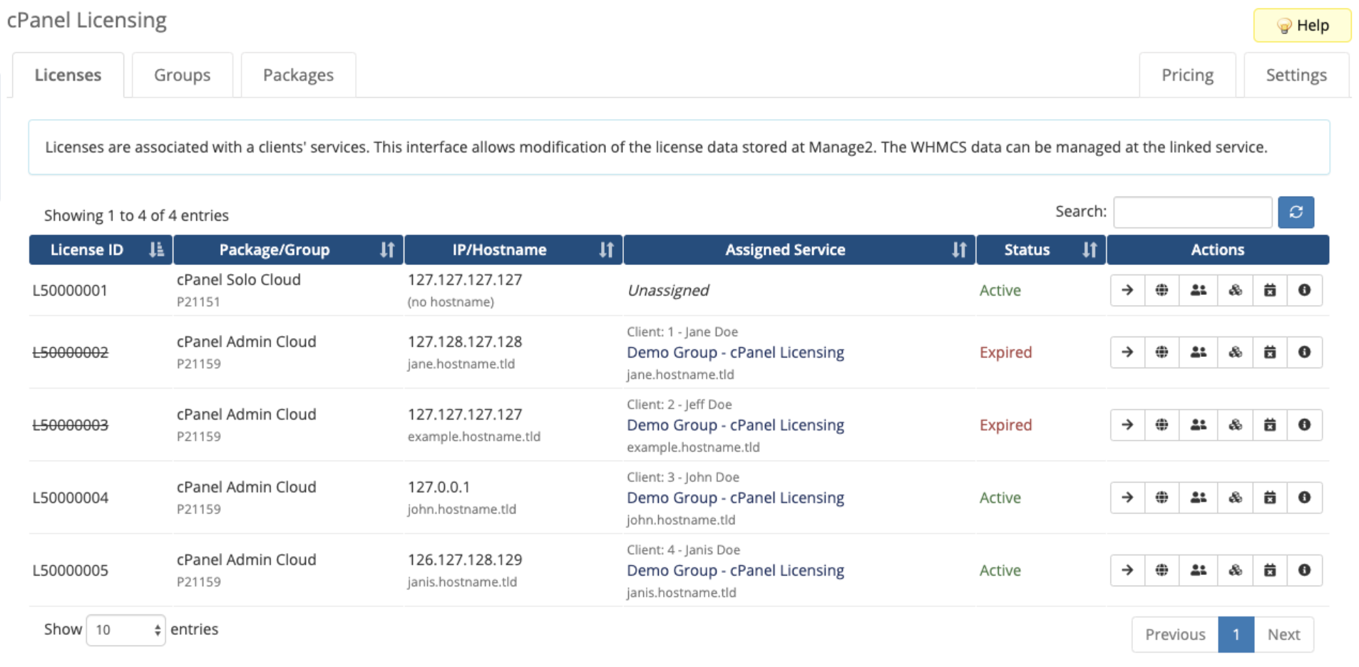 The cPanel Licensing addon's Licenses tab.