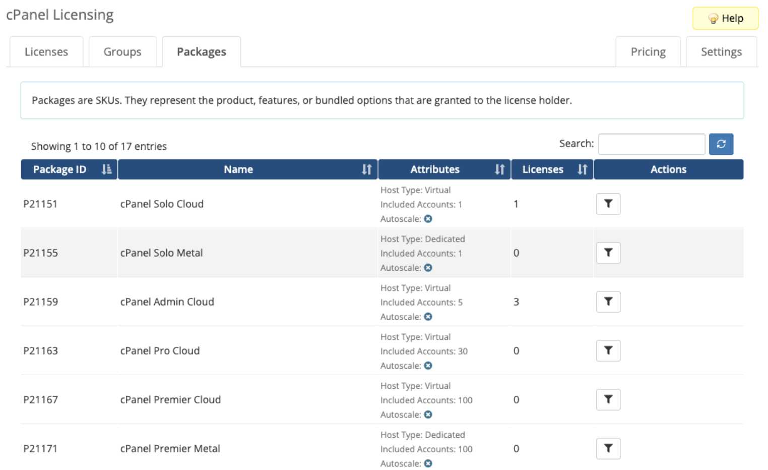 The cPanel Licensing addon's Packages tab.