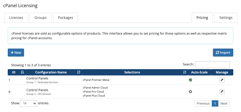 The cPanel Licensing addon's Pricing tab.