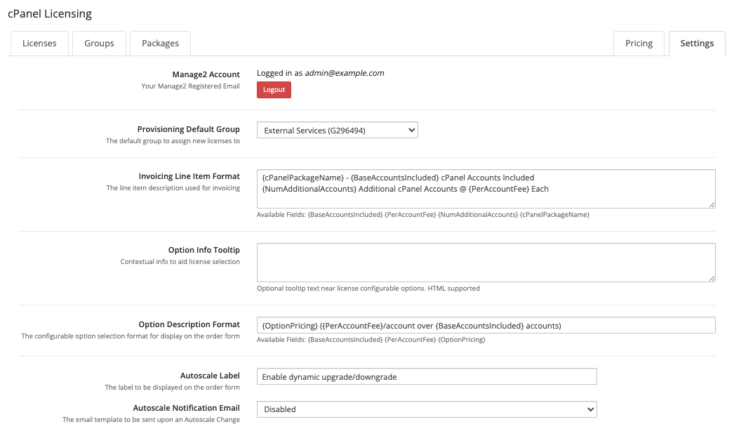 The cPanel Licensing addon's Settings tab.