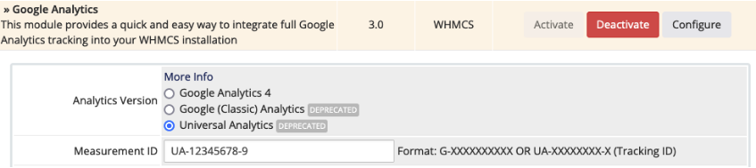 Configuring the Google Analytics addon module.