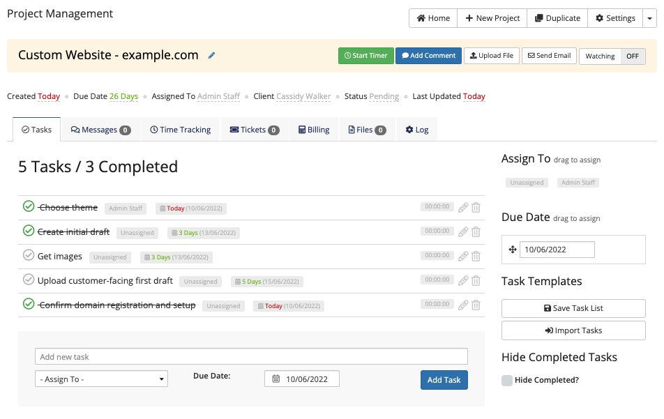 The Client Area view of project management tasks