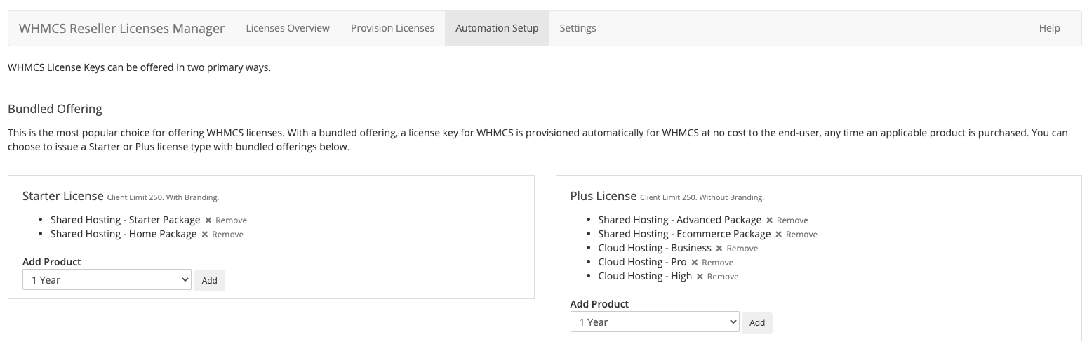 Bundled offerings in the Reseller License Manager addon.