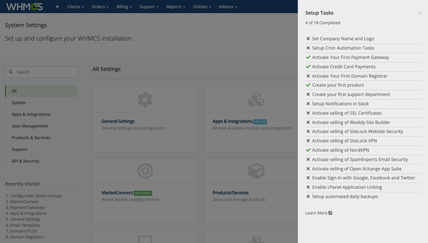 The list of Setup Tasks at Configuration > System Settings