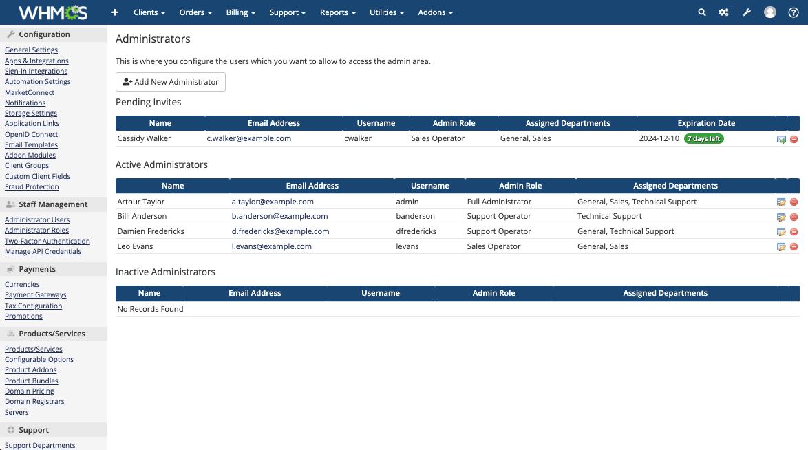 The list of pending admin invitations at Configuration > Manage Admins