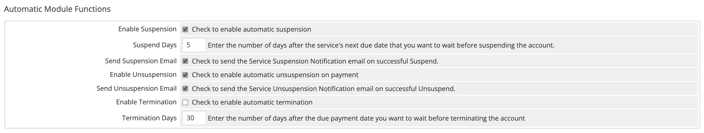 The Automatic Module Functions section in Automation Settings