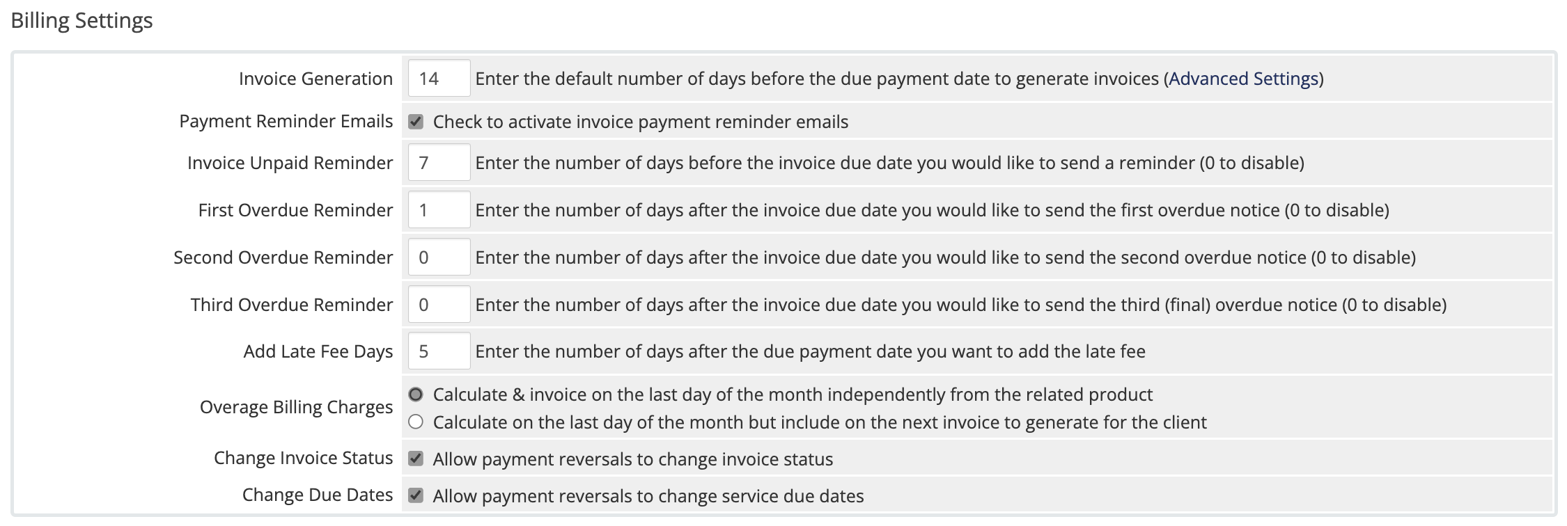 The Billing Settings section of Automation Settings