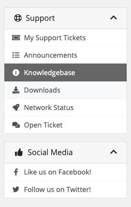 A Social Media panel under the Support panel in the Client Area