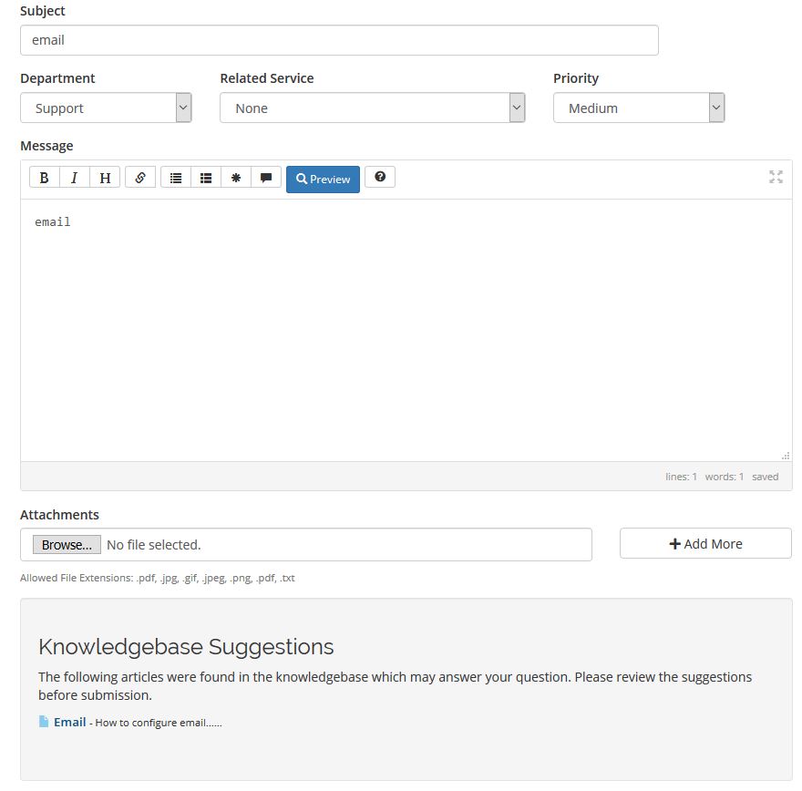 An article suggestion while submitting a ticket in the Client Area