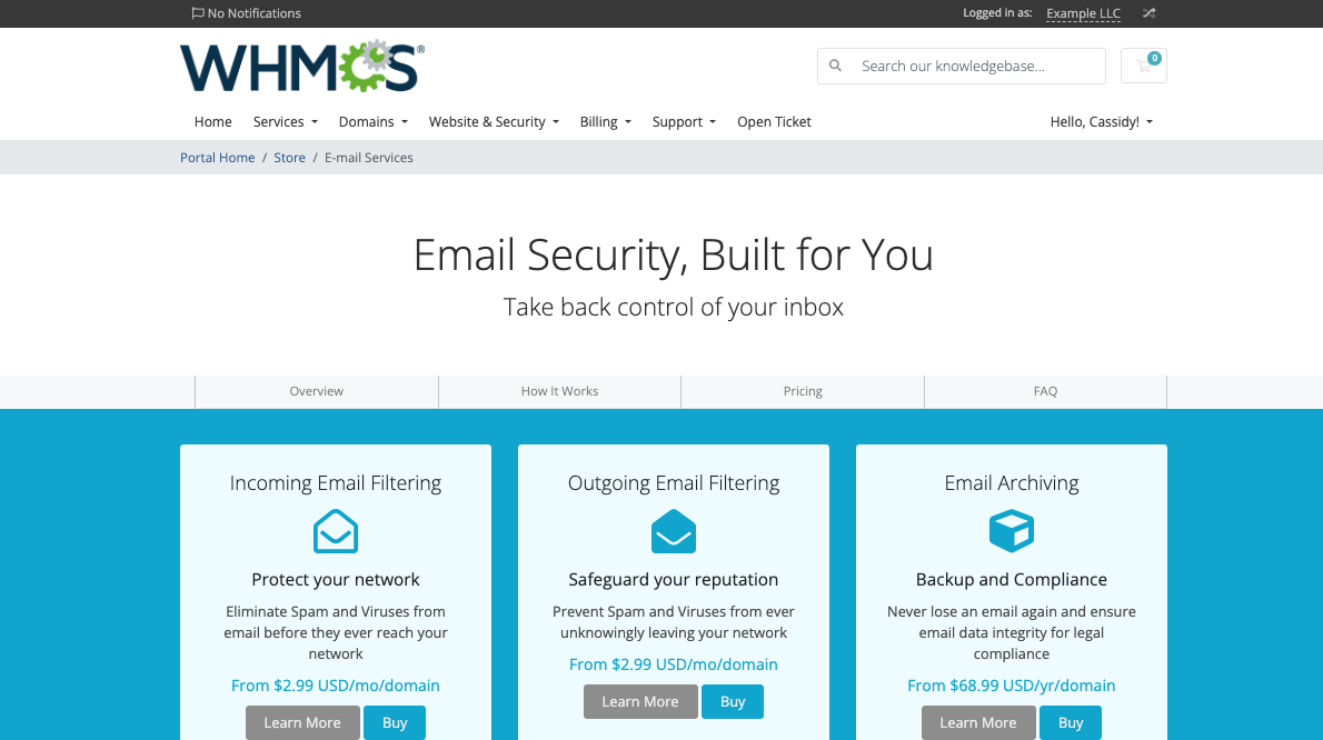 The SpamExperts landing page in the Client Area