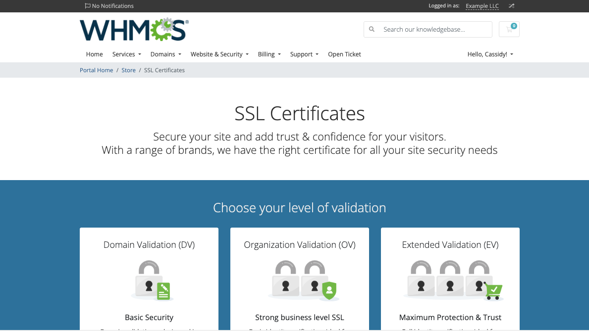 The SSL certificate landing page in the Client Area