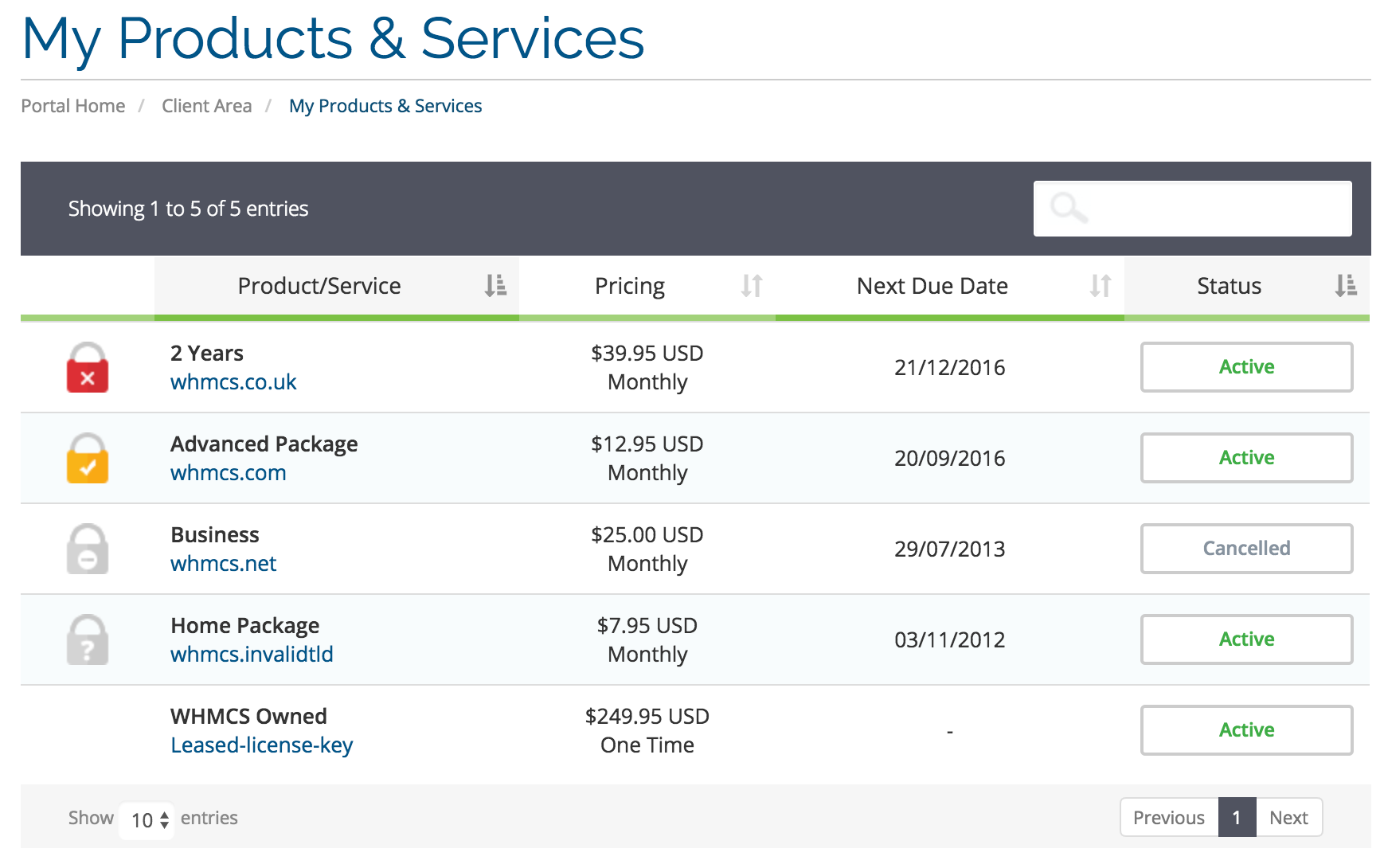 SSL monitoring in the Products/Services tab of the client profile