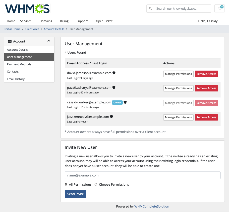 Managing a user in the Client Area