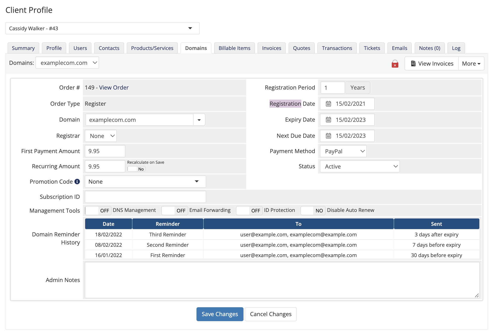 The Domains tab in the Client Profile