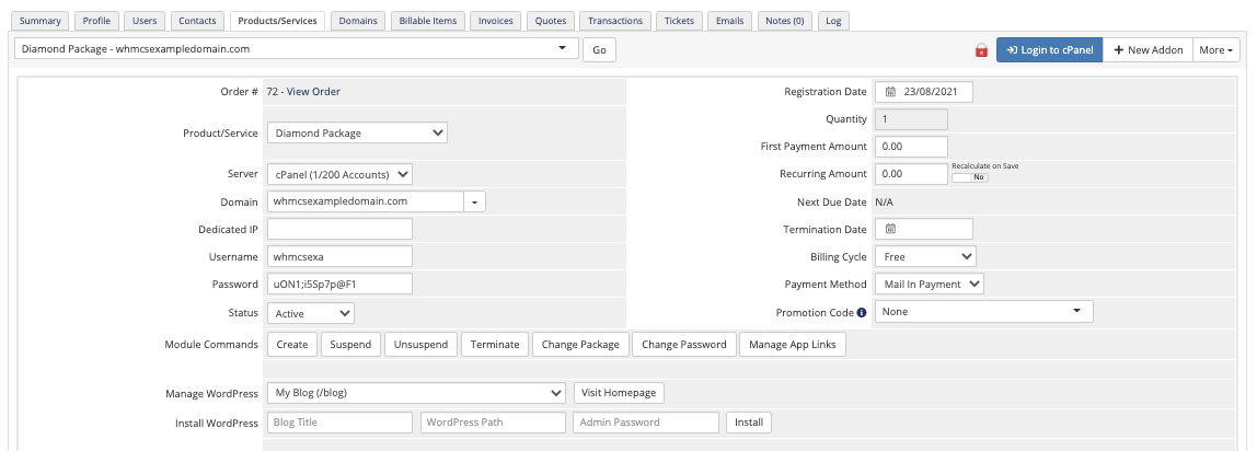 The WordPress settings in the Products/Services tab in the Client Profile