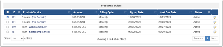 The Products/Services list in the Summary tab of the client profile