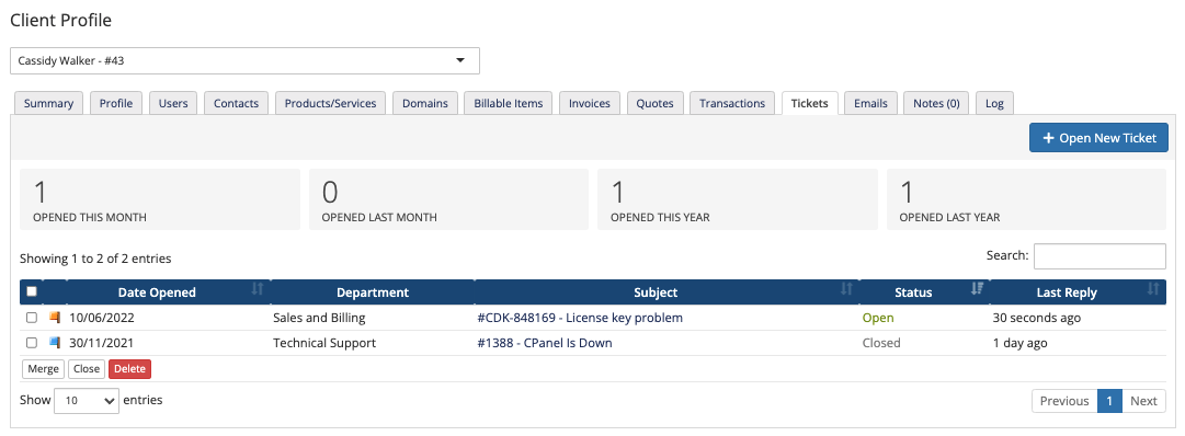 The Tickets Tab in the Client Profile