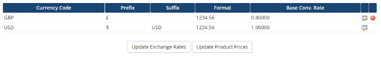 Click Update Product Prices under the Currencies list