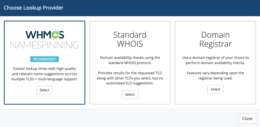 Choosing a lookup provider in Domain Pricing