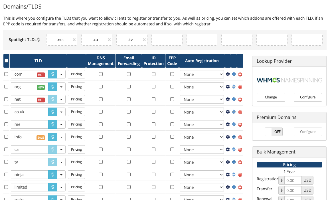 The Domains/TLDs table in Domain Pricing