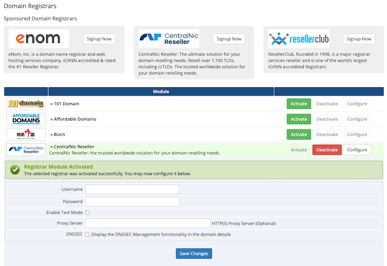 Configuring the CentralNic Reseller domain registrar in the Admin Area