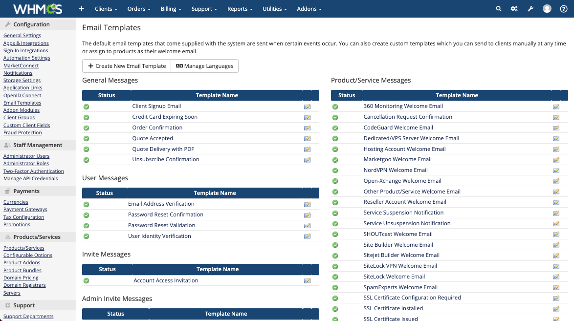 Email Templates in the Admin Area