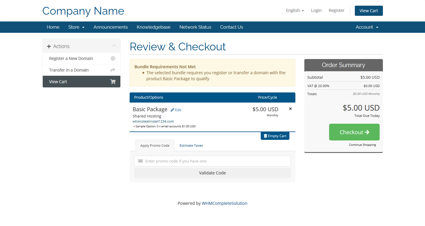 Product bundle requirements in the shopping cart