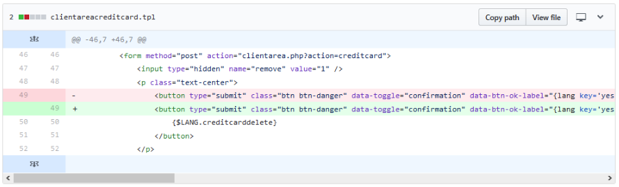 Diff of changes to a template file.