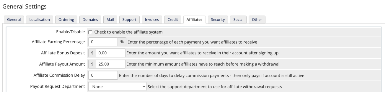 The Affiliates tab in General Settings