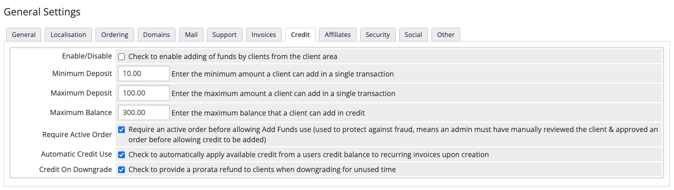 The Credit tab in General Settings