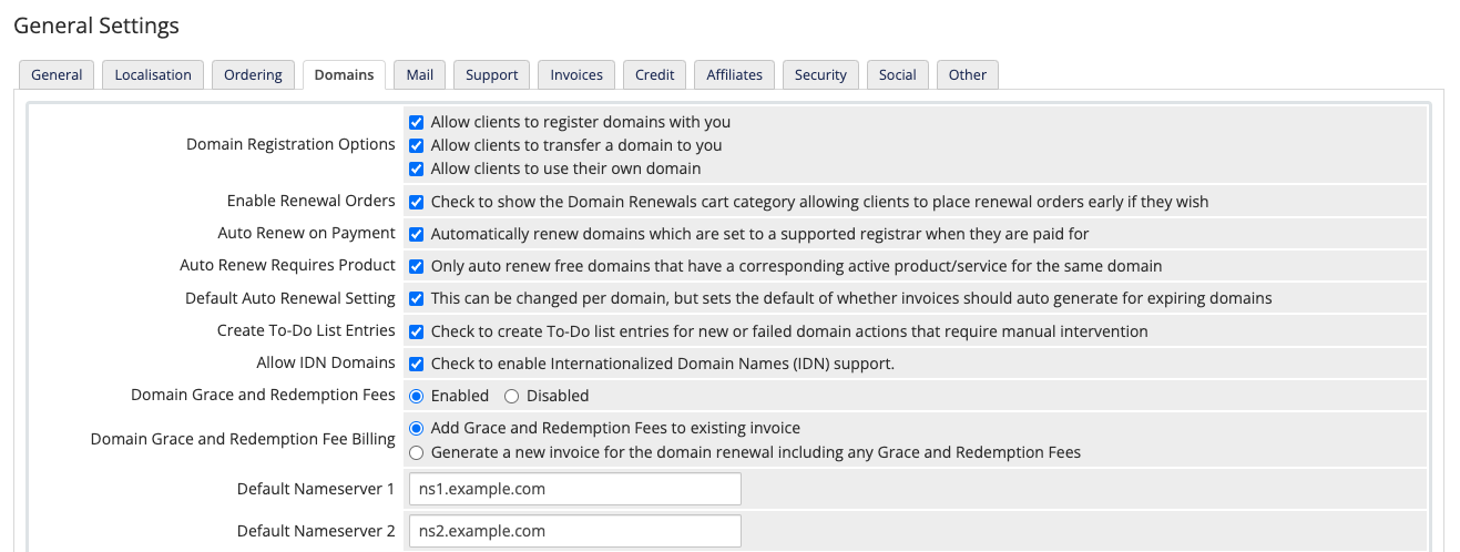 The Domains tab in General Settings