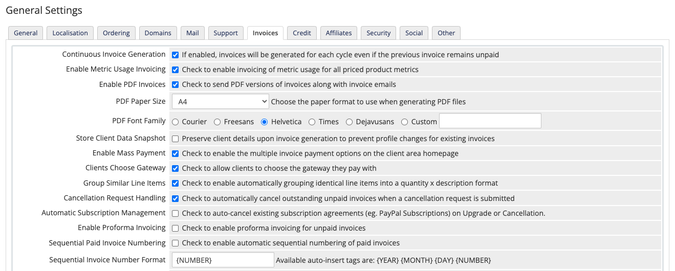 The Invoices tab in General Settings