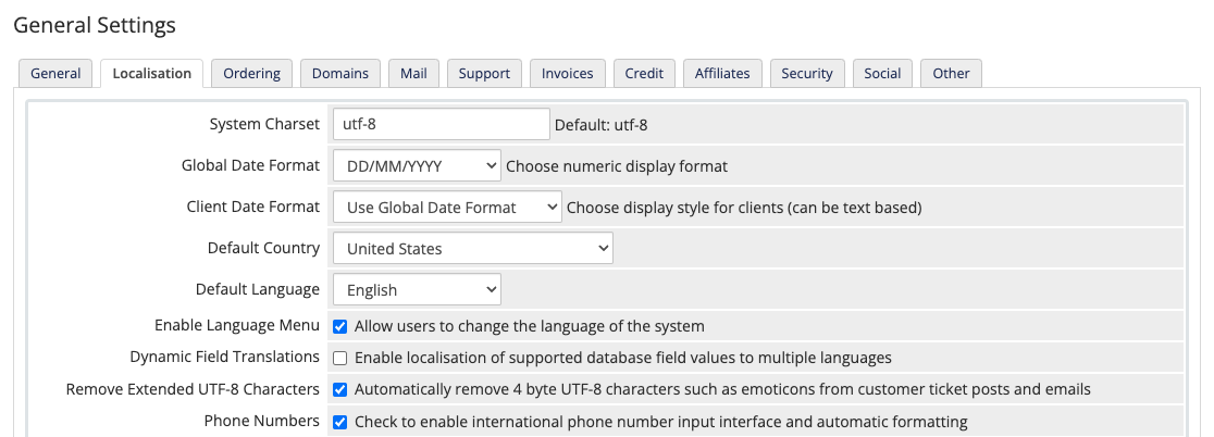 The Localisation tab in General Settings