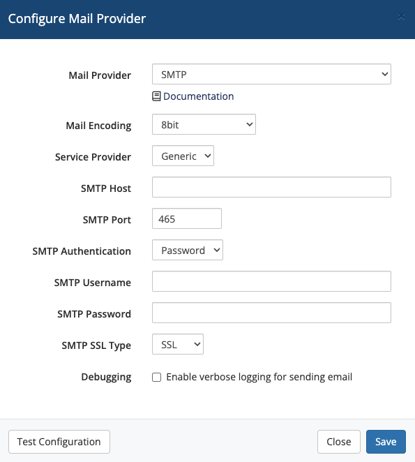 Mail Provider settings in the Mail tab