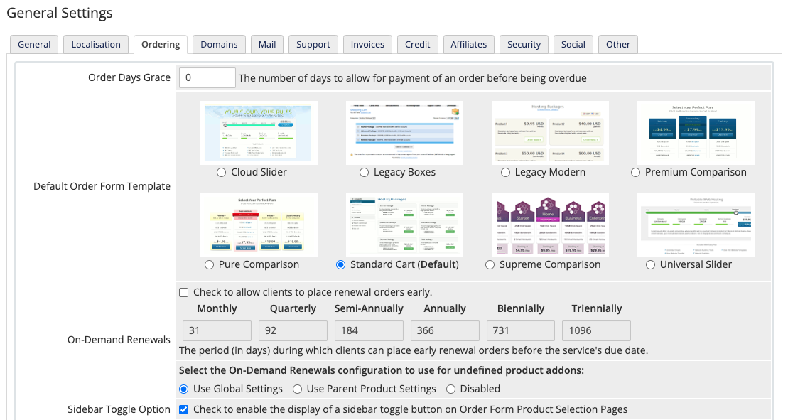 The System Default Order Form Template setting