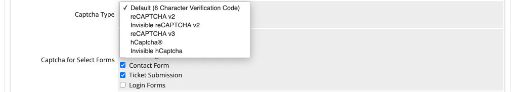 Selecting default captchas in WHMCS.