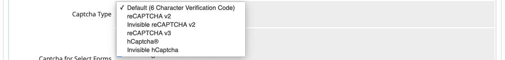 Selecting a Captcha Type in WHMCS.