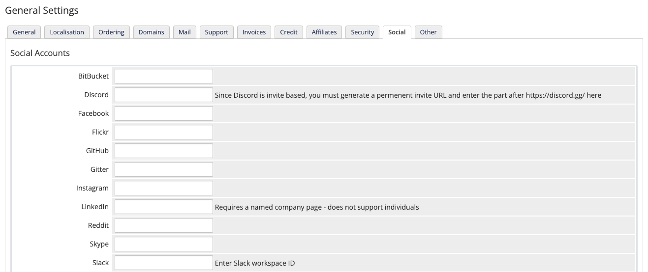 The Social Networking tab in General Settings