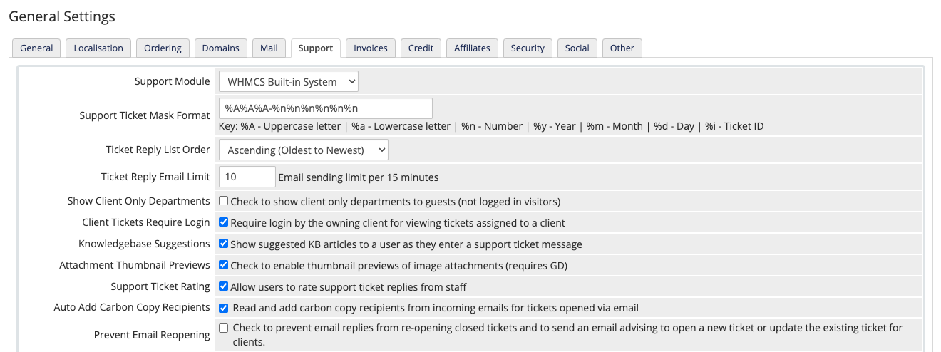 The Support tab in General Settings