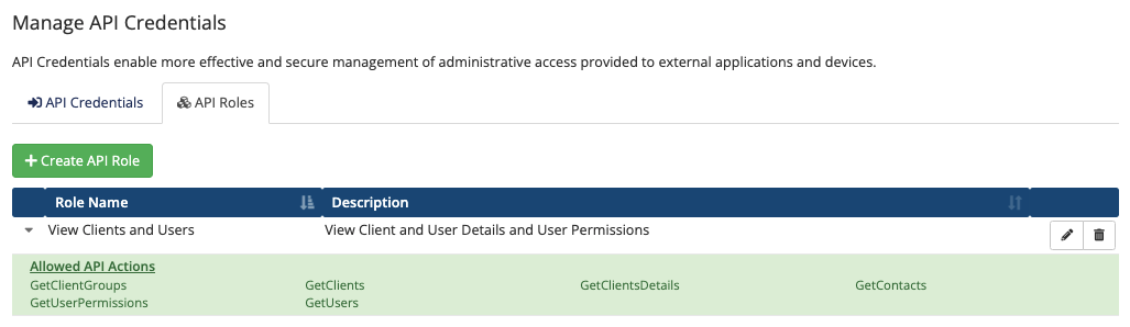 The list of roles in Manage API Credentials