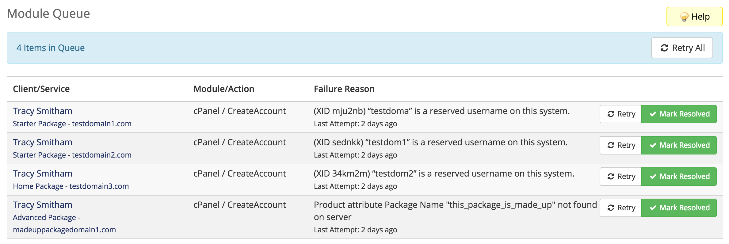 The list of module actions