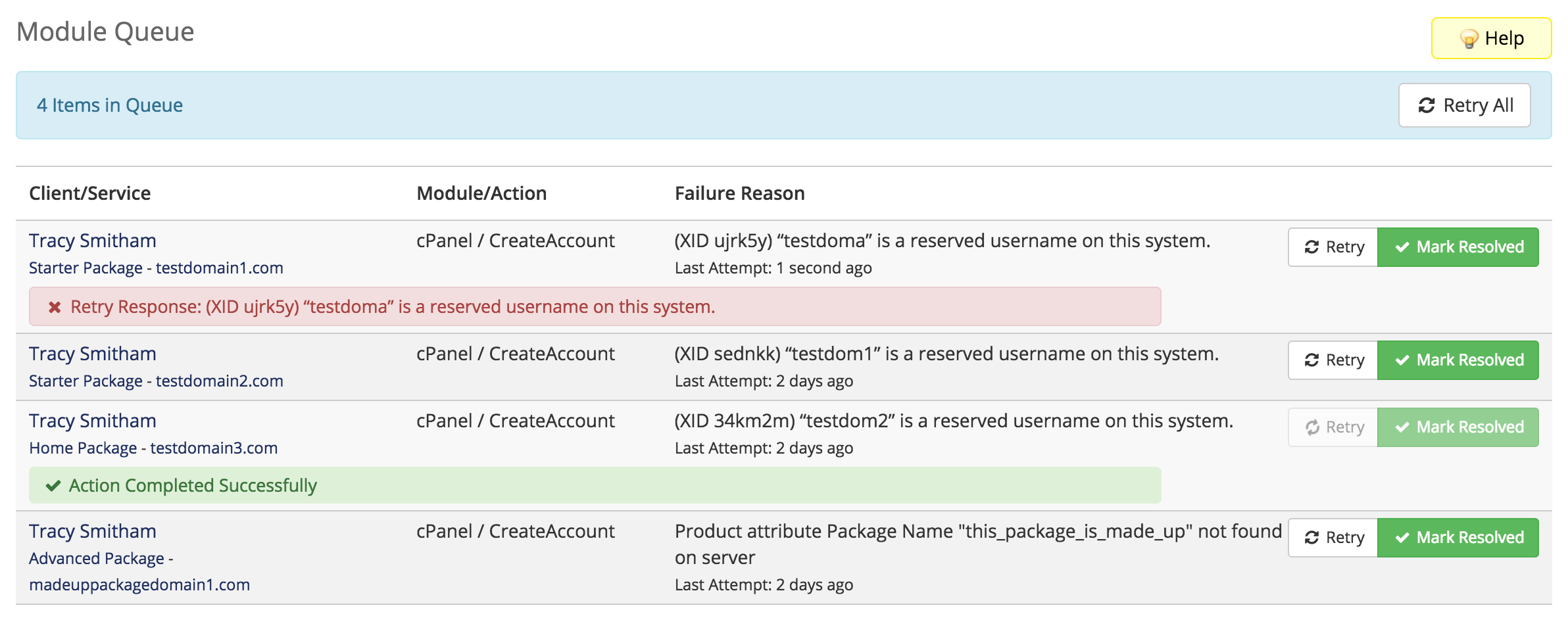 Retrying module actions