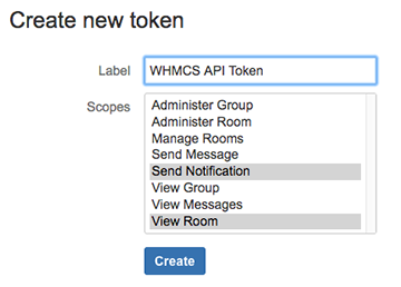 Creating an API token in HipChat.