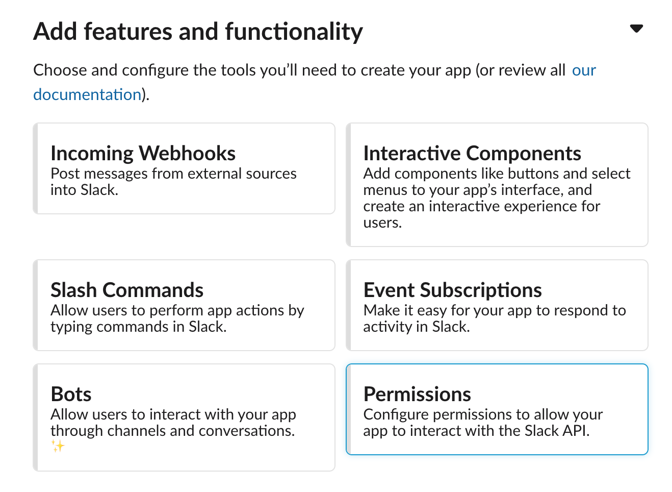 Adding permissions for a Slack app.