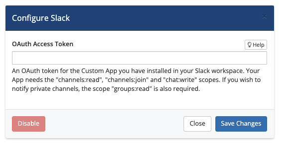 Adding the token for a Slack app.