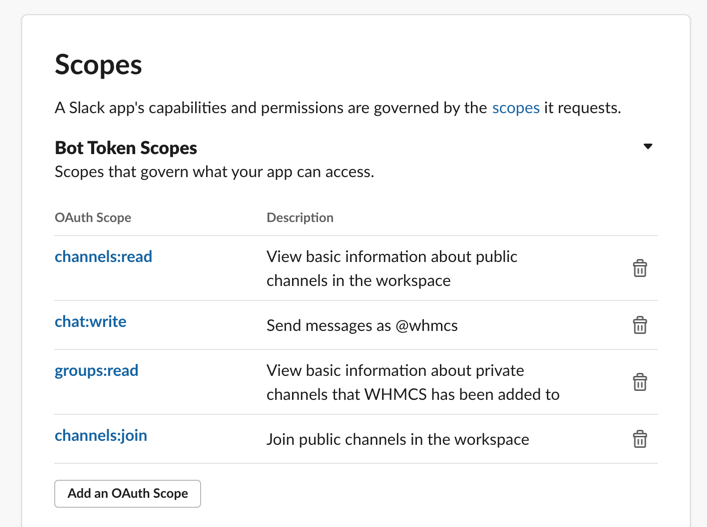 Adding scopes for a Slack app.