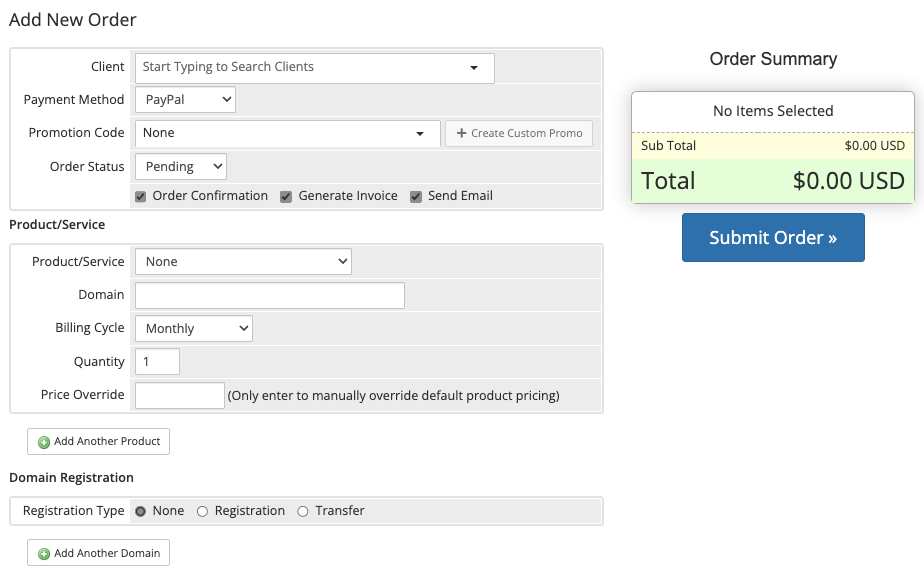 Adding a new order in the Admin Area