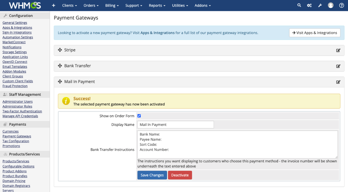 Configuring modules in Payment Gateways