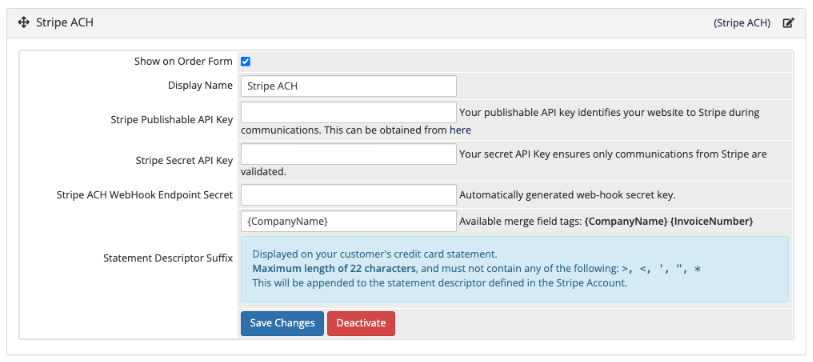 Configuring Stripe ACH in WHMCS 8.9 and later.